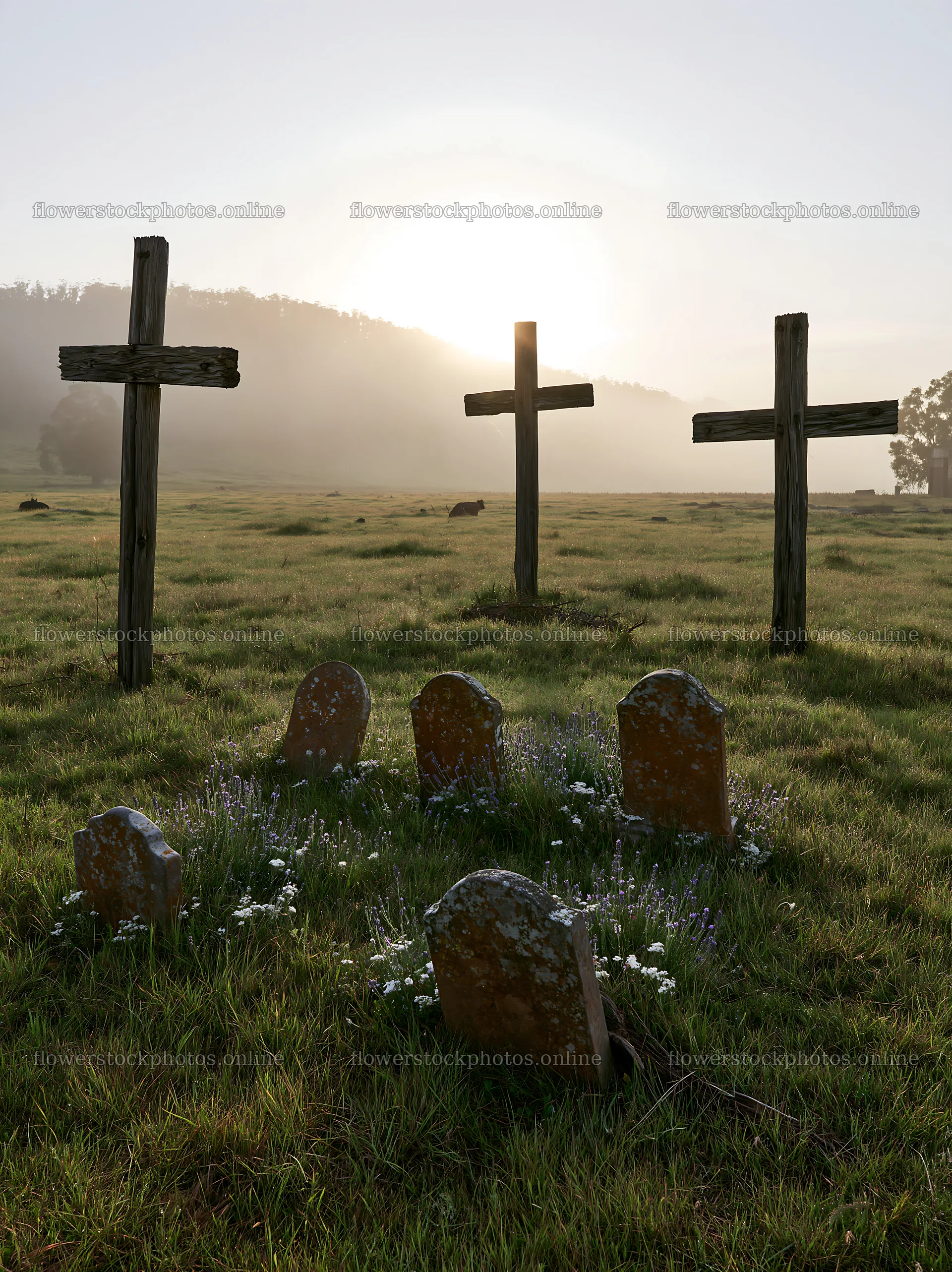 Rustic crosses in a meadow during Christmas backlight – flower stock photos 6866x9174