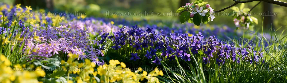 First leaves and flowers in Easter meadow – flower stock photos 14762x4268