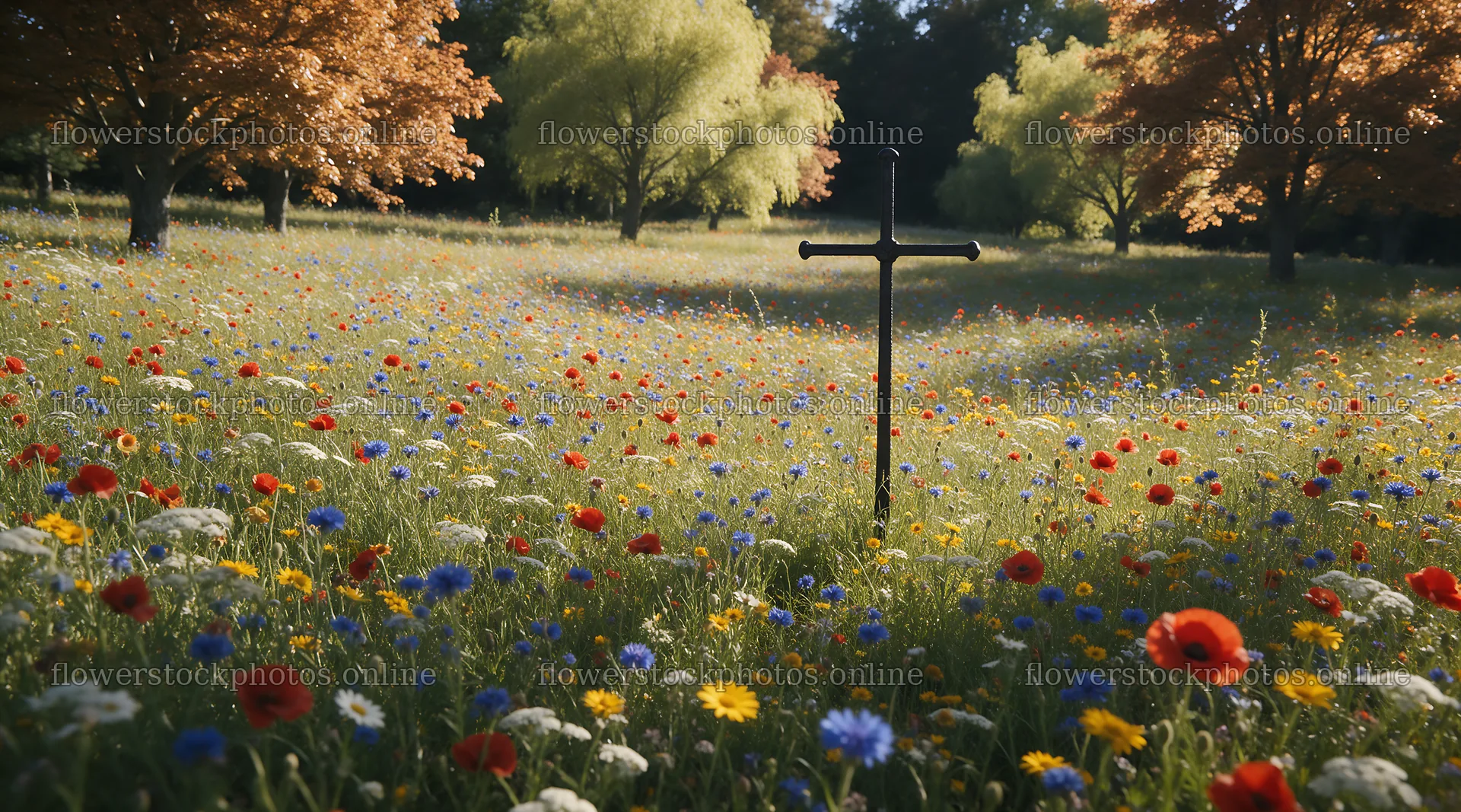 Dark Christian cross in summer meadow with wildflowers – flower stock photos 10648x5916