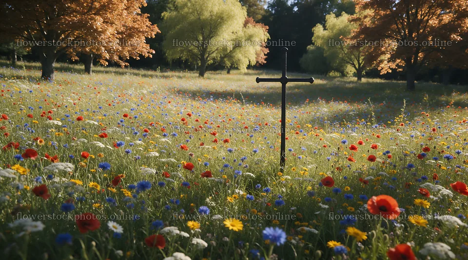 Dark Christian cross in summer meadow with wildflowers – flower stock photos 10648x5916