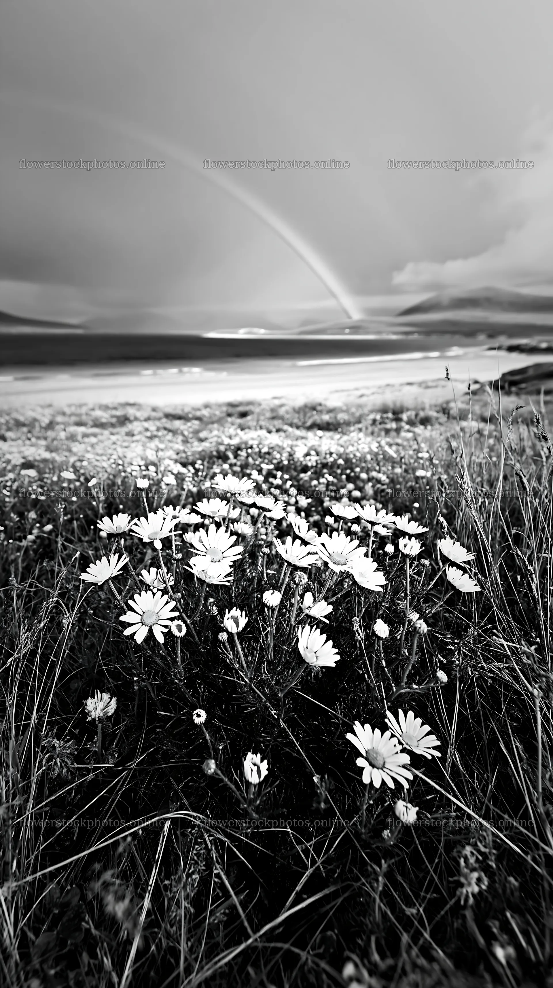 Chamomile meadow for wellness campaign with a rainbow in background – flower stock photos 5938x10608