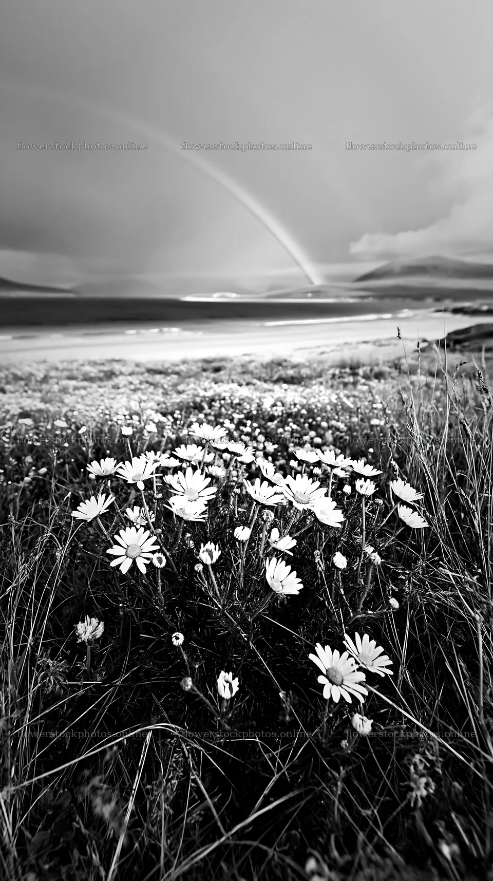 Chamomile meadow for wellness campaign with a rainbow in background – flower stock photos 5938x10608