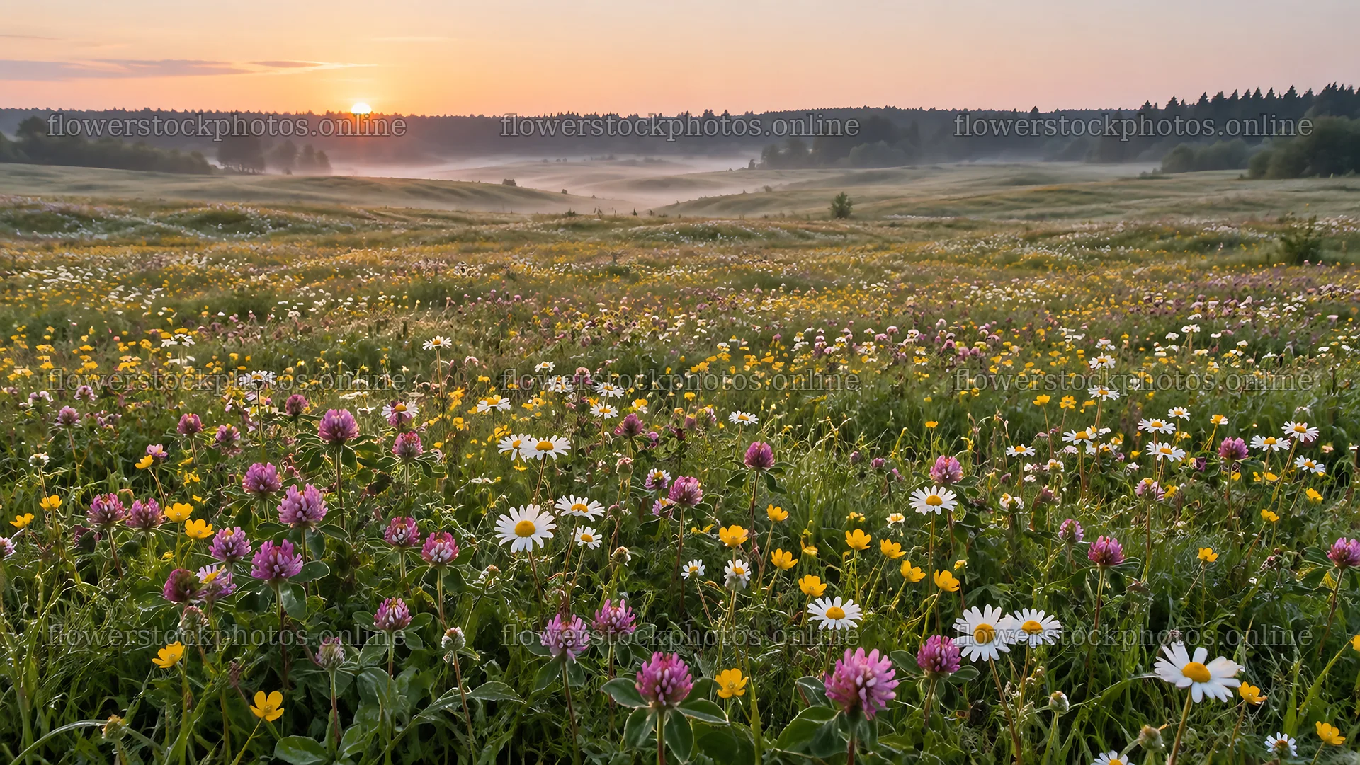 Wildflowers in a Misty Meadow at Sunrise – flower stock photos 10324x5812