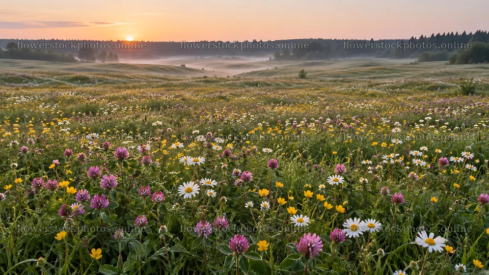 Wildflowers in a Misty Meadow at Sunrise – flower stock photos 10324x5812