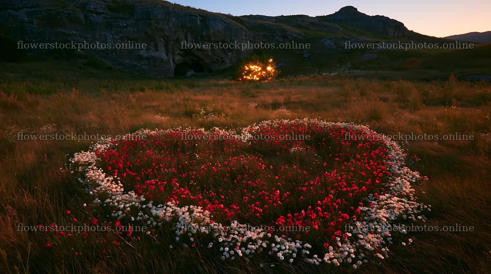 Christmas lights in meadow near cave at dusk – flower stock photos 10608x5938
