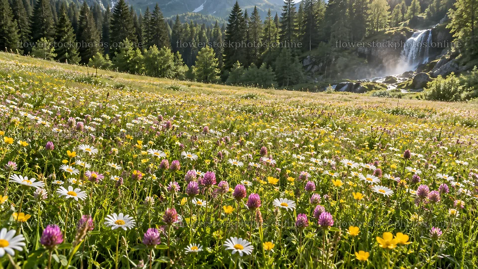 Wildflower Meadow Beside a Forest Waterfall in Rim Light – flower stock photos 10324x5812