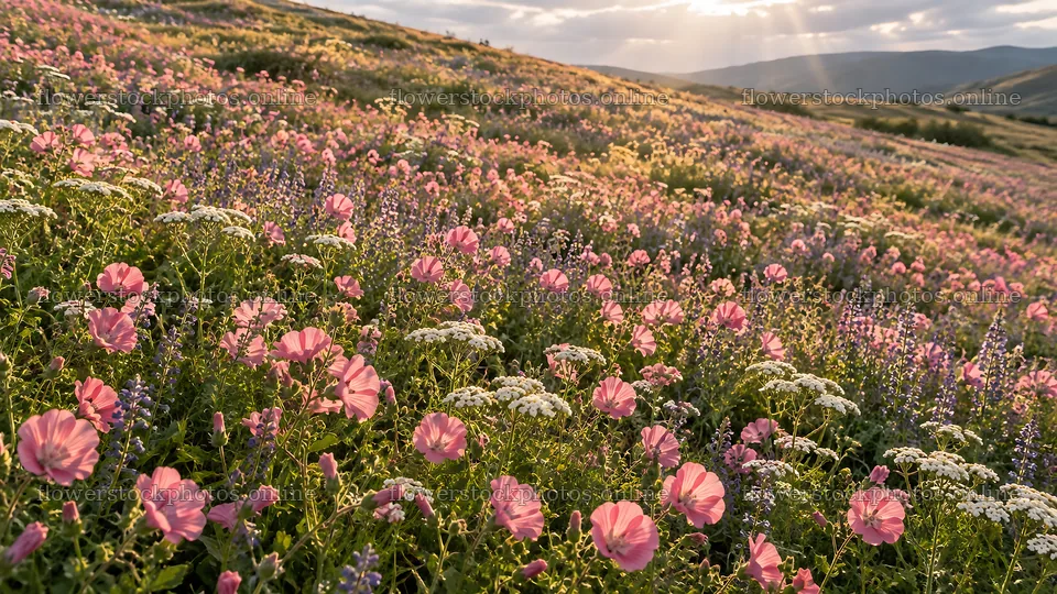 Colorful Wildflowers Across a Sunlit Mountain Meadow – flower stock photos 10324x5812
