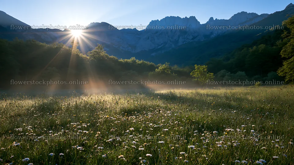 Sunlight shining over meadow in Picos de Europa – flower stock photos 10608x5938