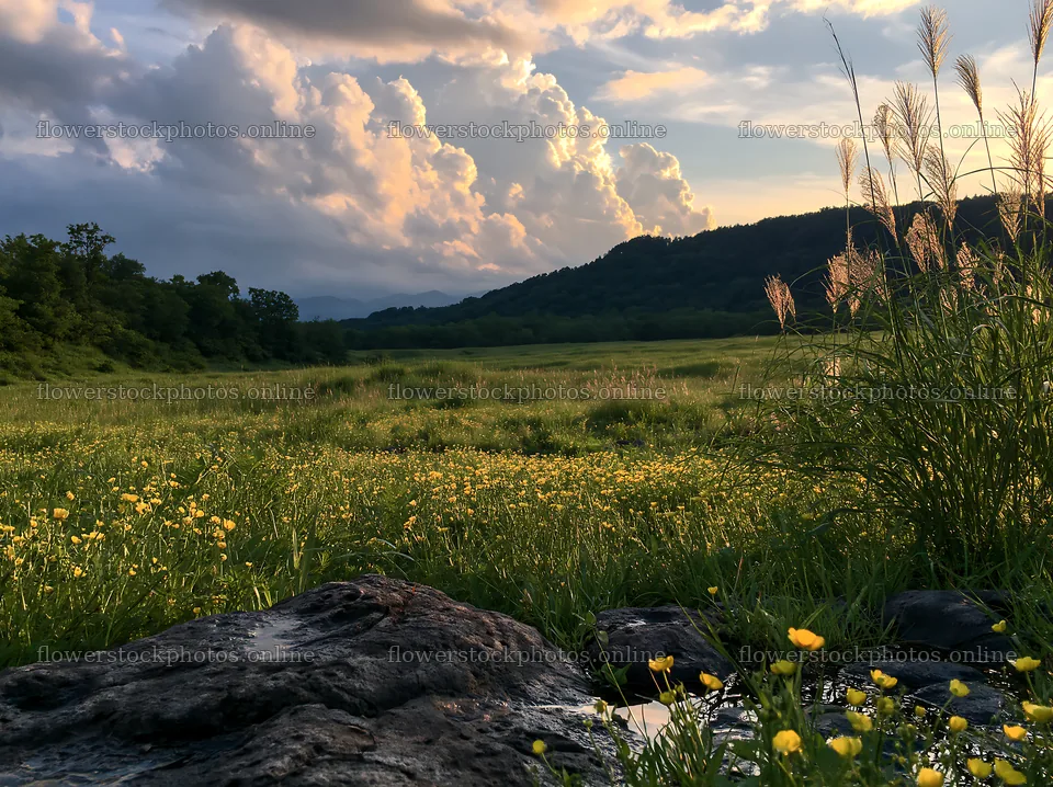 Yamanashi regenerative meadow with basalt stones and flowers – flower stock photos 9174x6866