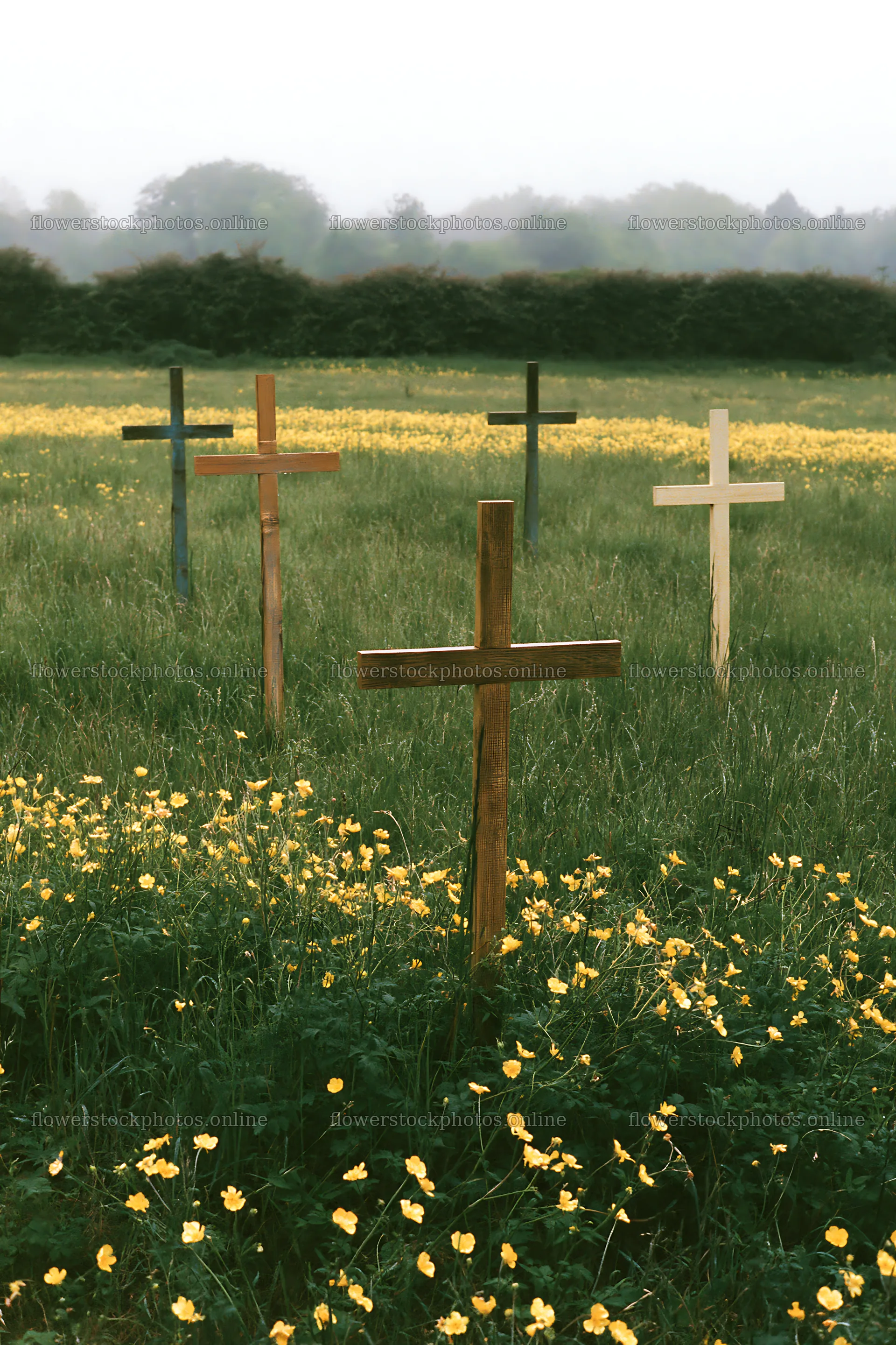 Christian crosses among yellow flowers in meadow – flower stock photos 6480x9722