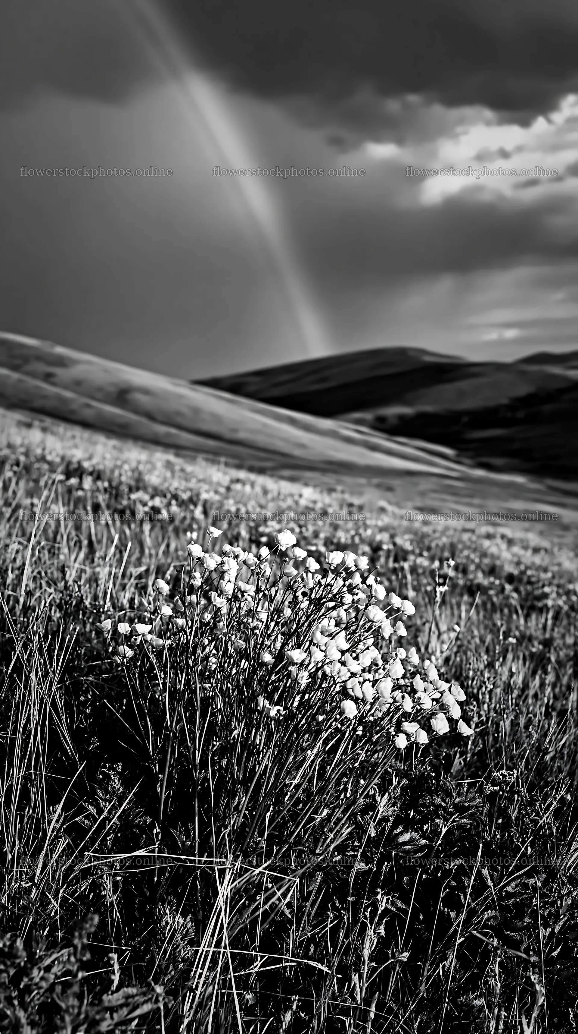 Colorful buttercup meadow under a rainbow in nature – flower stock photos 5938x10608