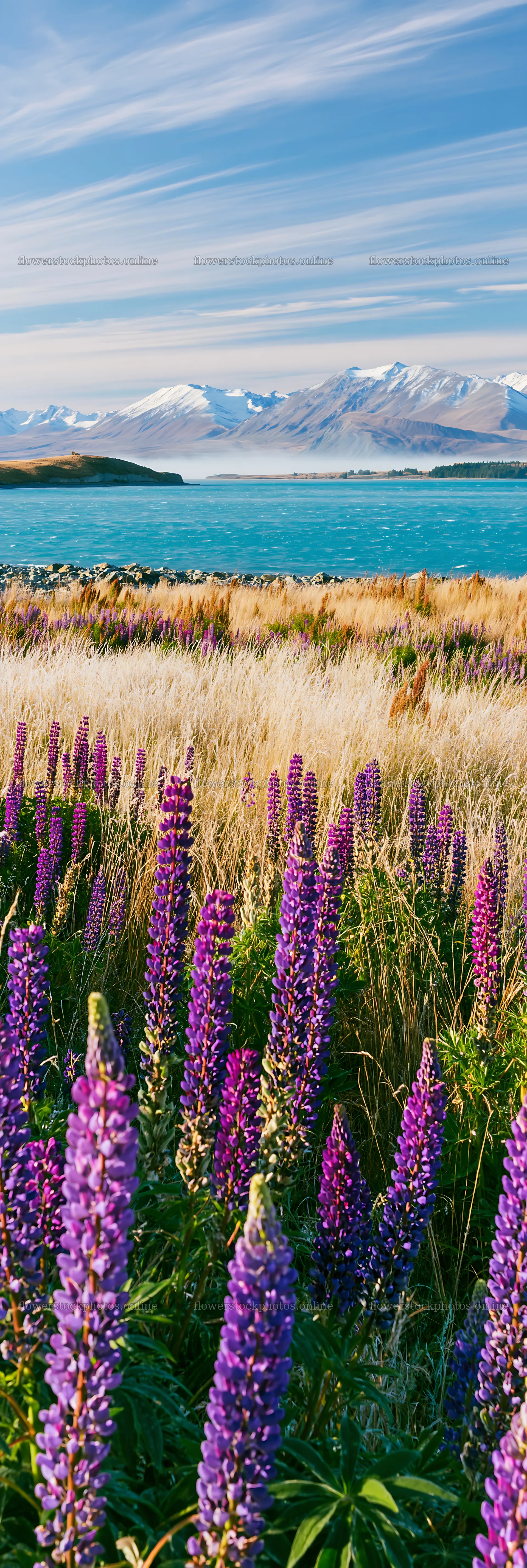 Lake Tekapo meadow snowy alps with purple flowers – flower stock photos 4602x13690