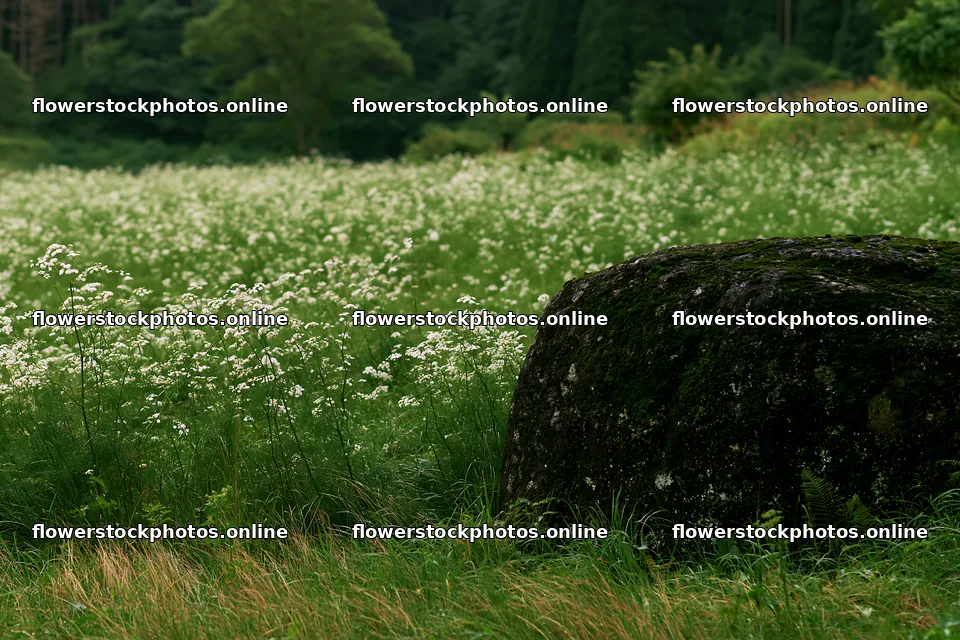 Aomori climate resilient meadow with boulder – flower stock photos 9722x6480