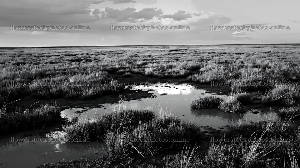Drought-tolerant meadow under clouded sky with water pools – flower stock photos 10608x5938