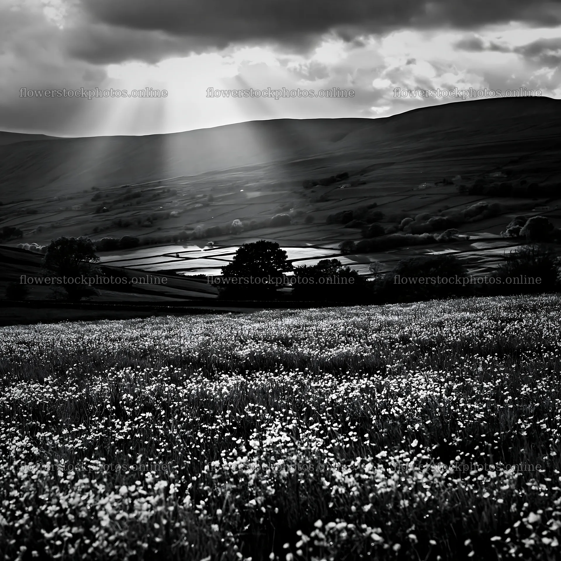 Buttercup hay meadow in the Yorkshire Dales under dark clouds – flower stock photos 7938x7938