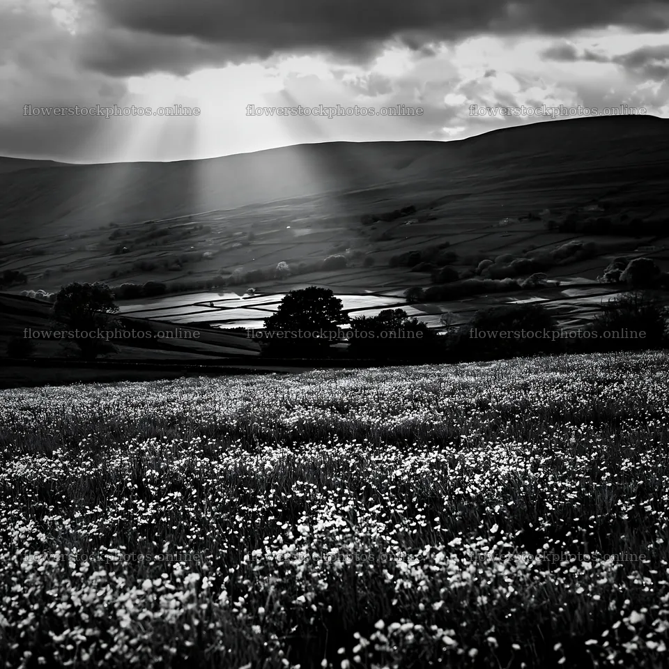 Buttercup hay meadow in the Yorkshire Dales under dark clouds – flower stock photos 7938x7938