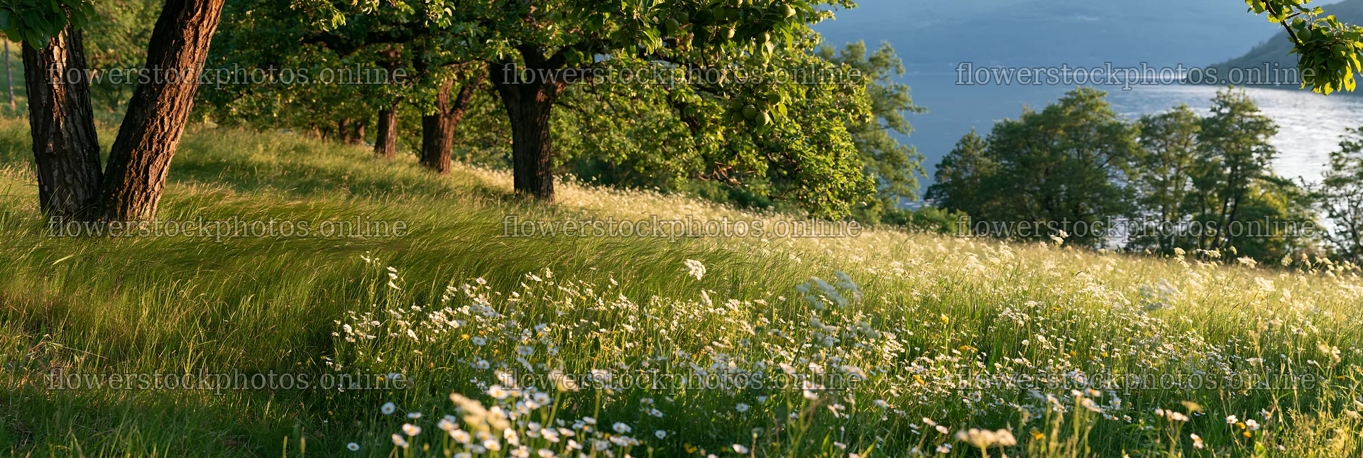 Lakeside orchard meadow with trees and wildflowers – flower stock photos 13690x4602