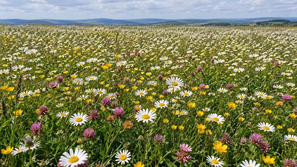 Wildflower Meadow Beneath Distant Hills – flower stock photos 10324x5812