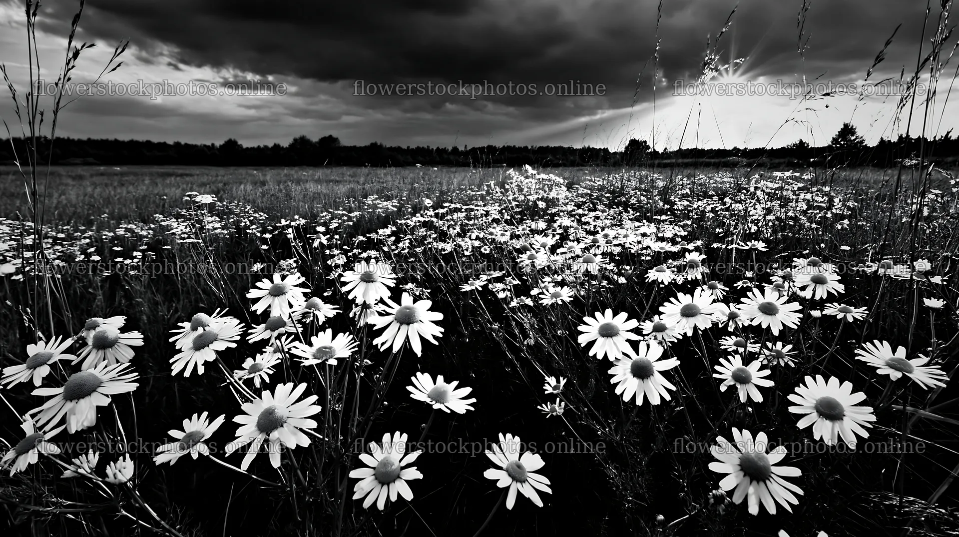 Chamomile meadow under cloudy sky in black and white – flower stock photos 10608x5938