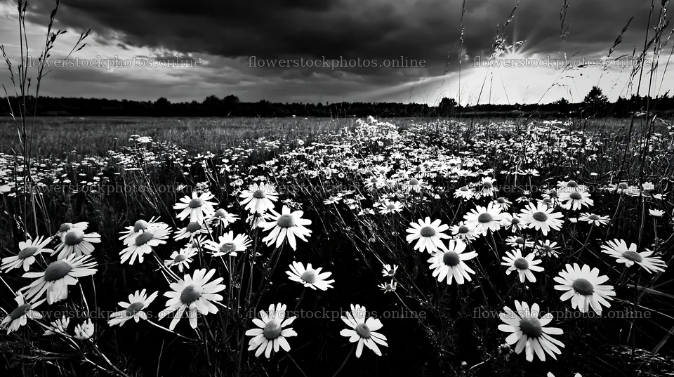 Chamomile meadow under cloudy sky in black and white – flower stock photos 10608x5938