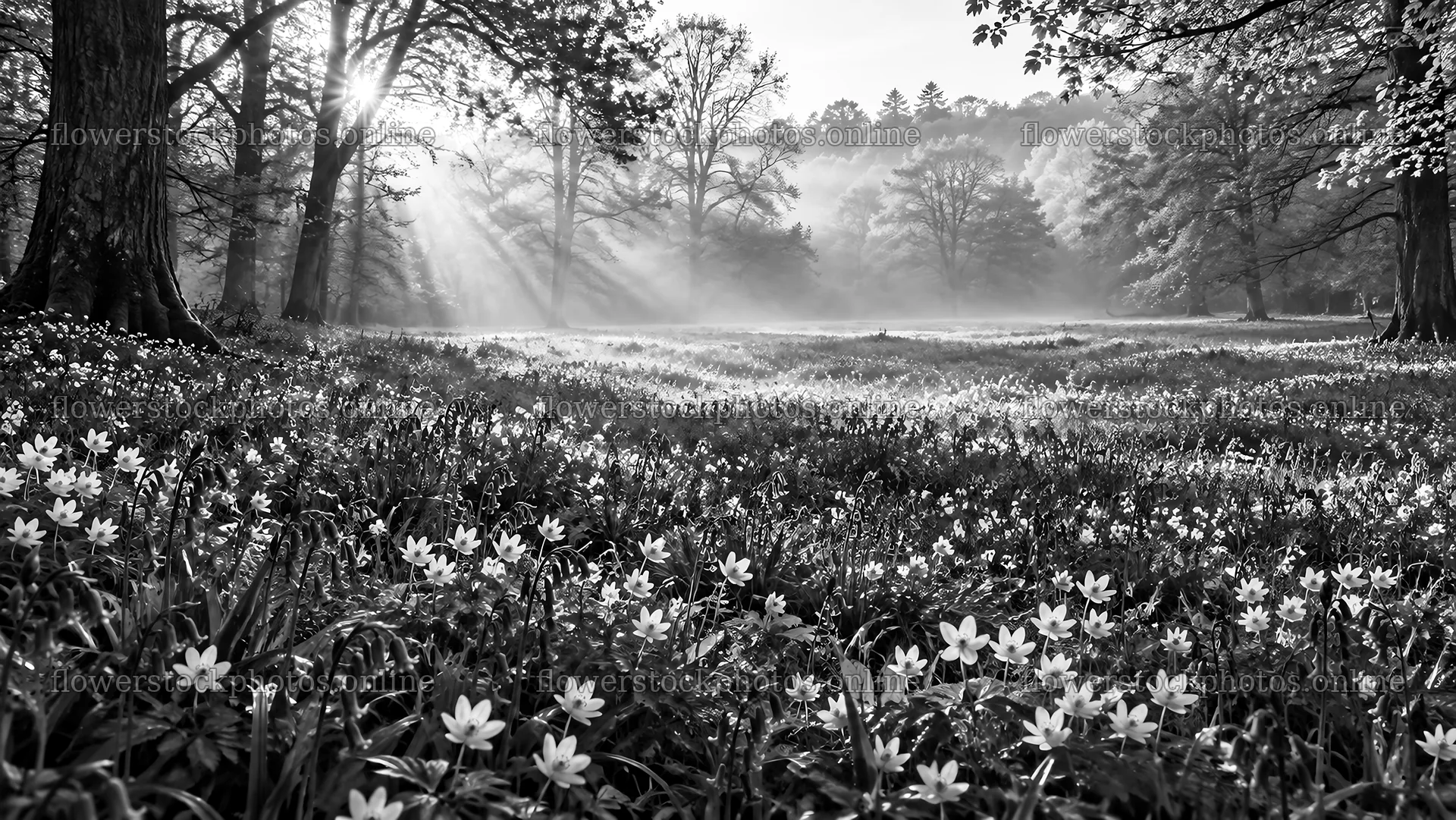 Black and White Forest Clearing with Sunbeams – flower stock photos 10324x5812