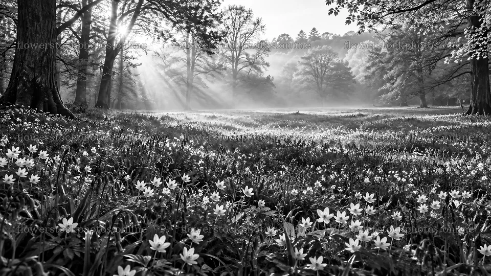 Black and White Forest Clearing with Sunbeams – flower stock photos 10324x5812