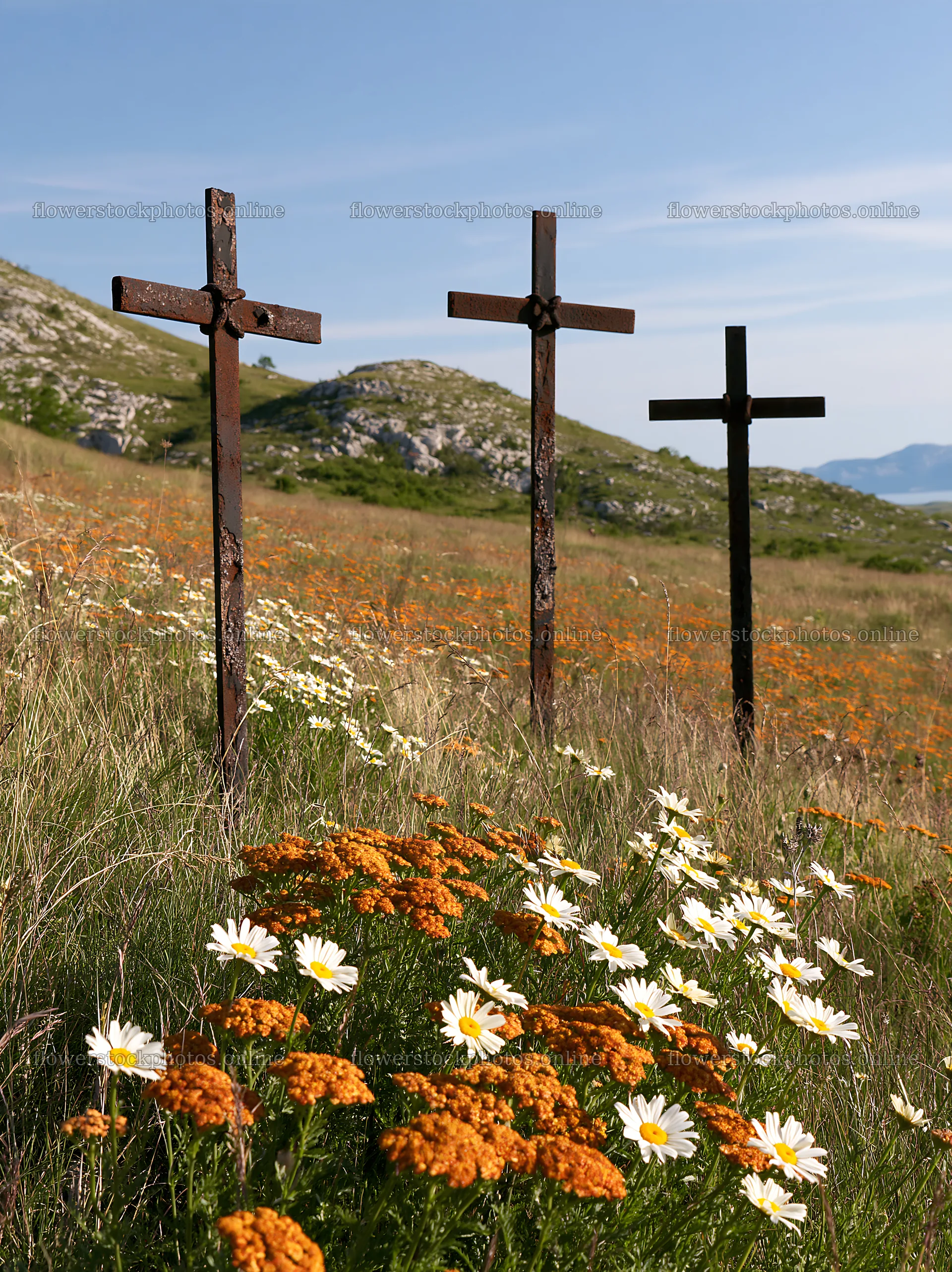 Three iron crosses in an Advent meadow with flowers – flower stock photos 6866x9174