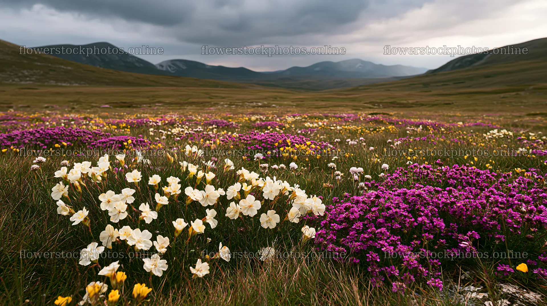 Cloudy limestone wildflower meadow with purple and white blooms – flower stock photos 10608x5938