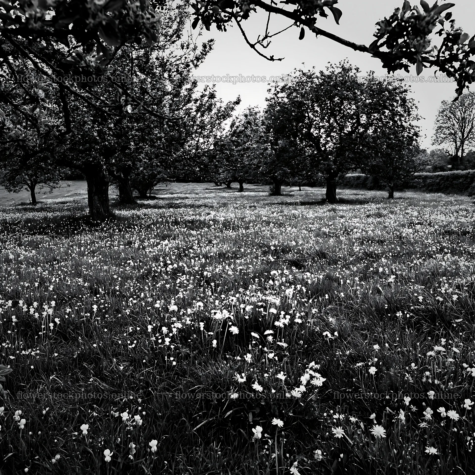 Spring orchard meadow with scattered flowers – flower stock photos 7938x7938
