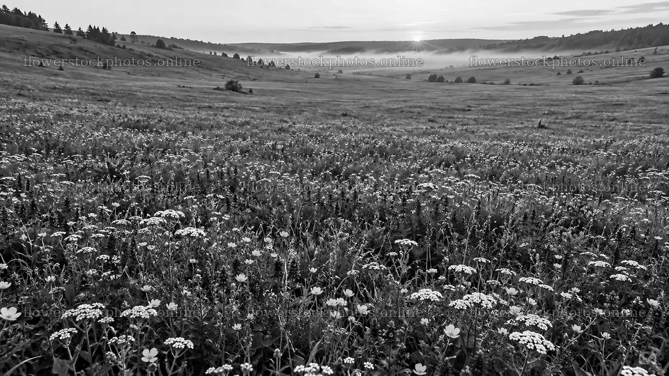 Monochrome Wildflower Meadow in Morning Mist – flower stock photos 10324x5812