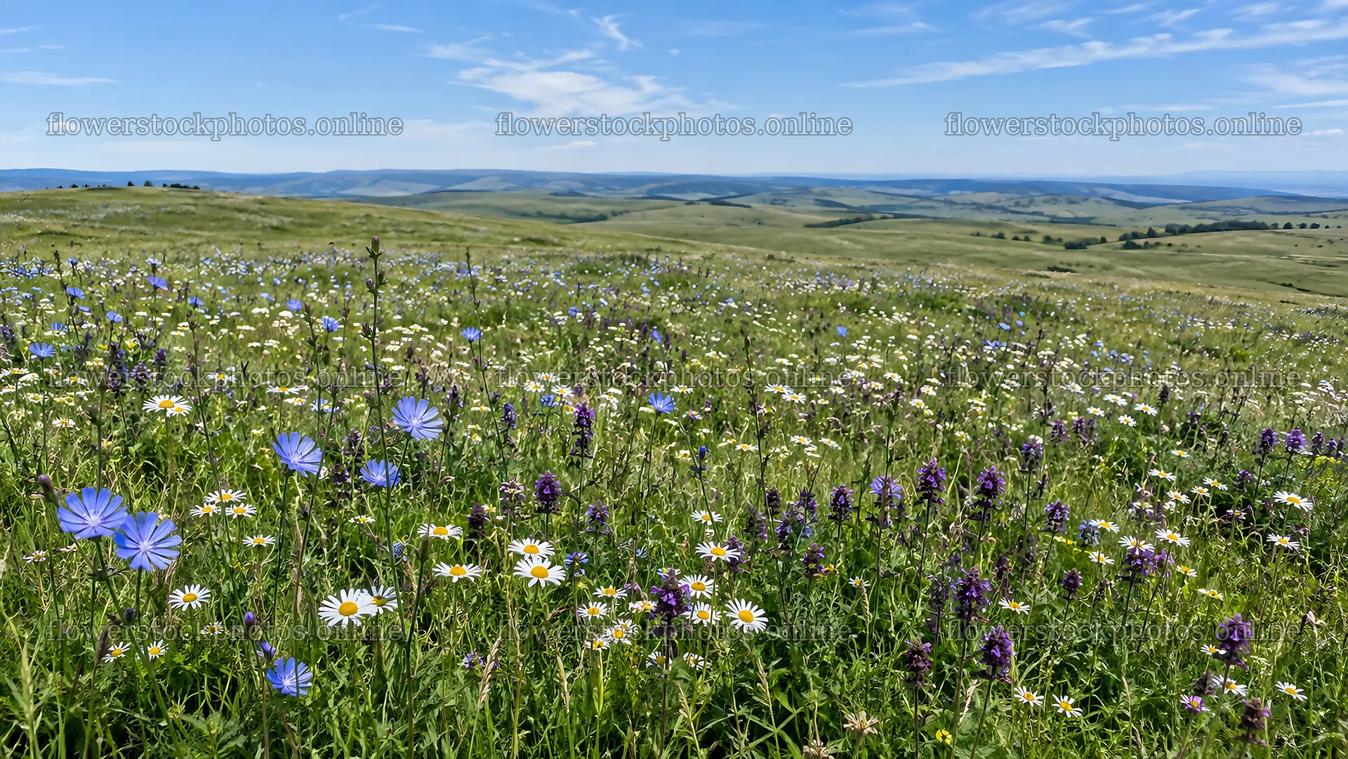Wildflower Meadow Beneath a Blue Sky – flower stock photos 10324x5812
