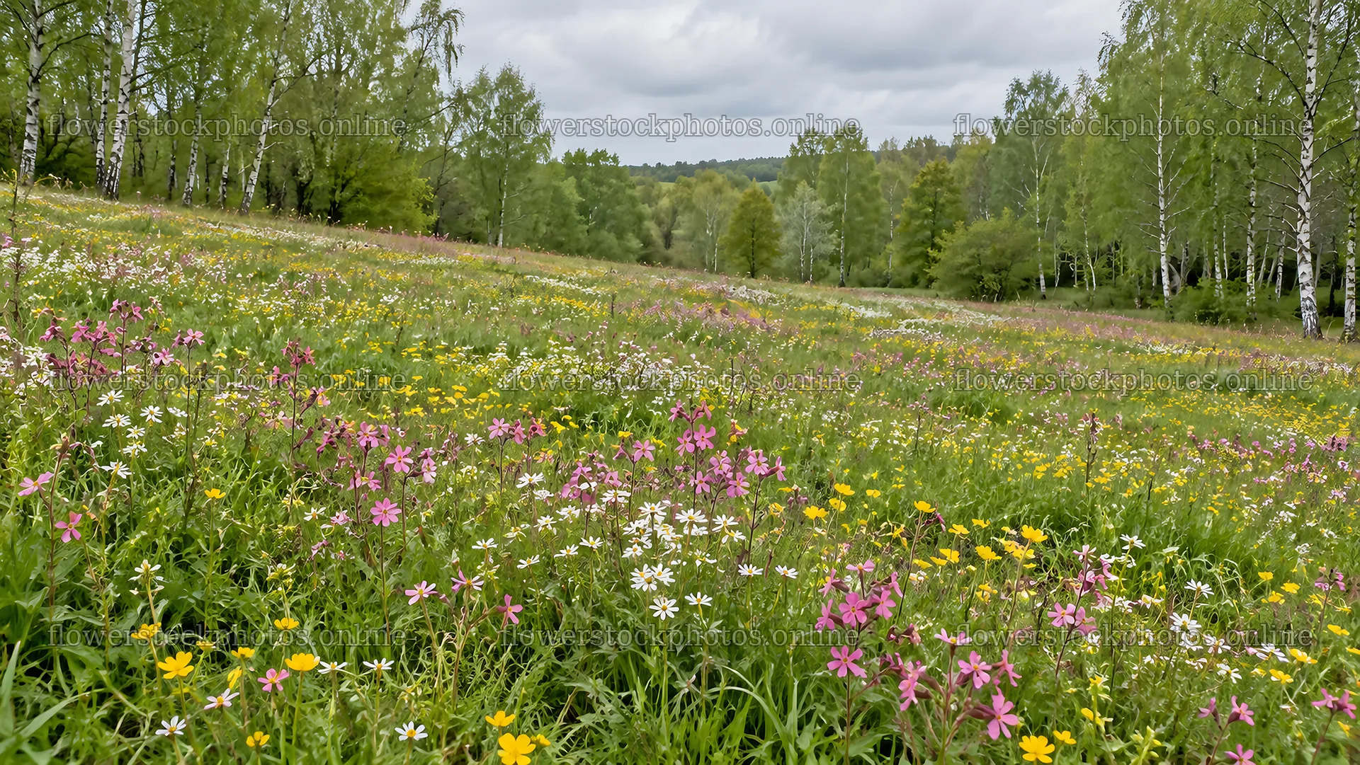 Wildflower Meadow in a Woodland Clearing – flower stock photos 10324x5812