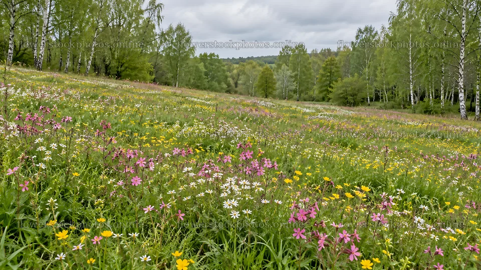 Wildflower Meadow in a Woodland Clearing – flower stock photos 10324x5812