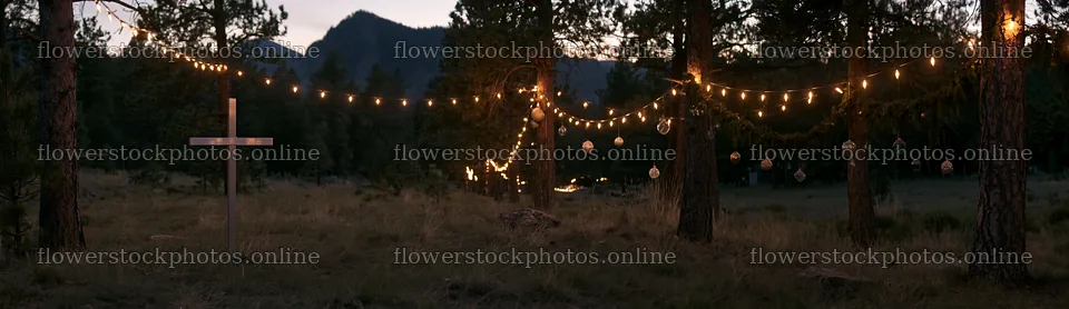 White Christian cross in remote meadow surrounded by lights – flower stock photos 14762x4268