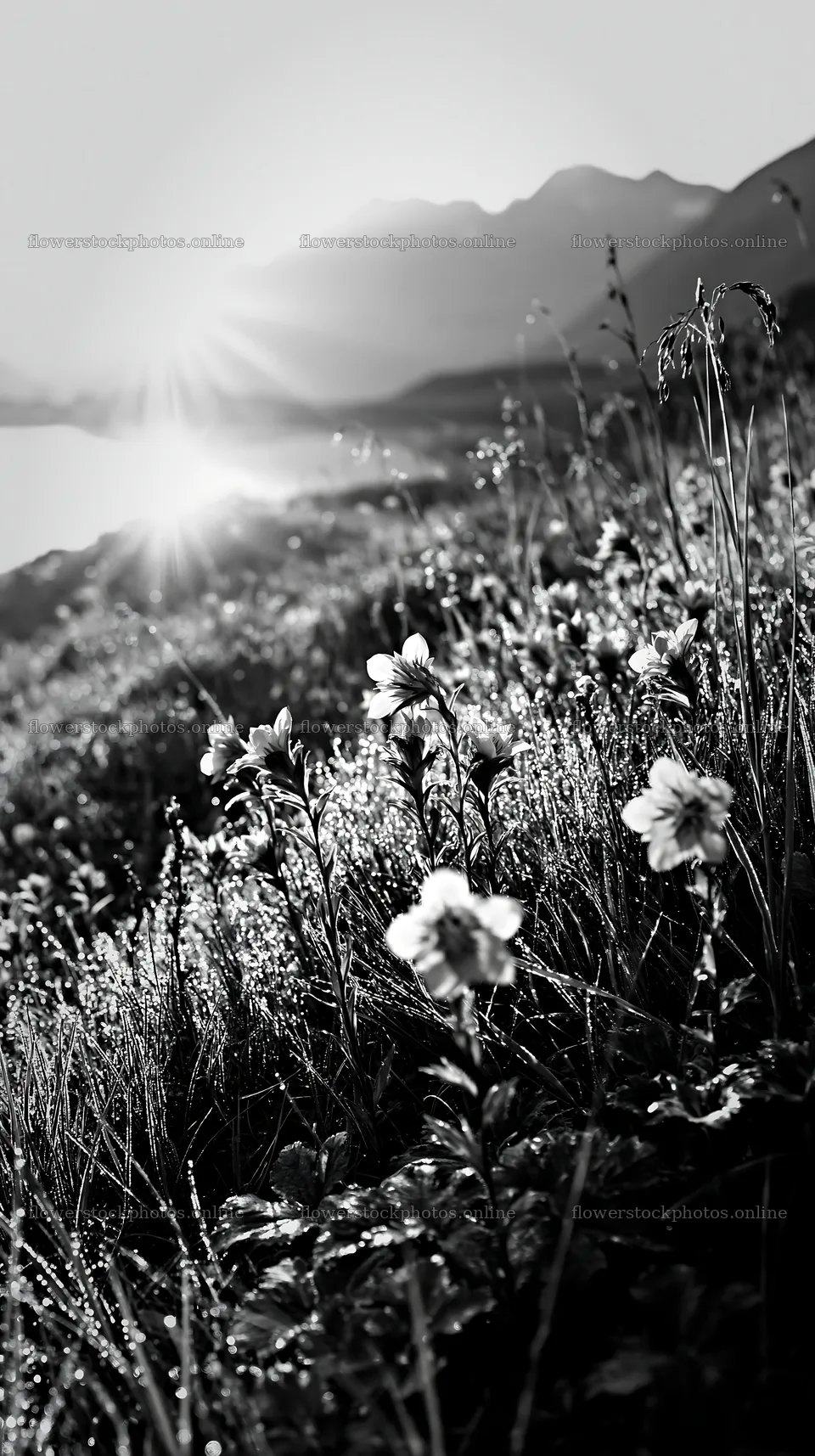 Swiss meadow beside alpine lake during sunrise – flower stock photos 5938x10608
