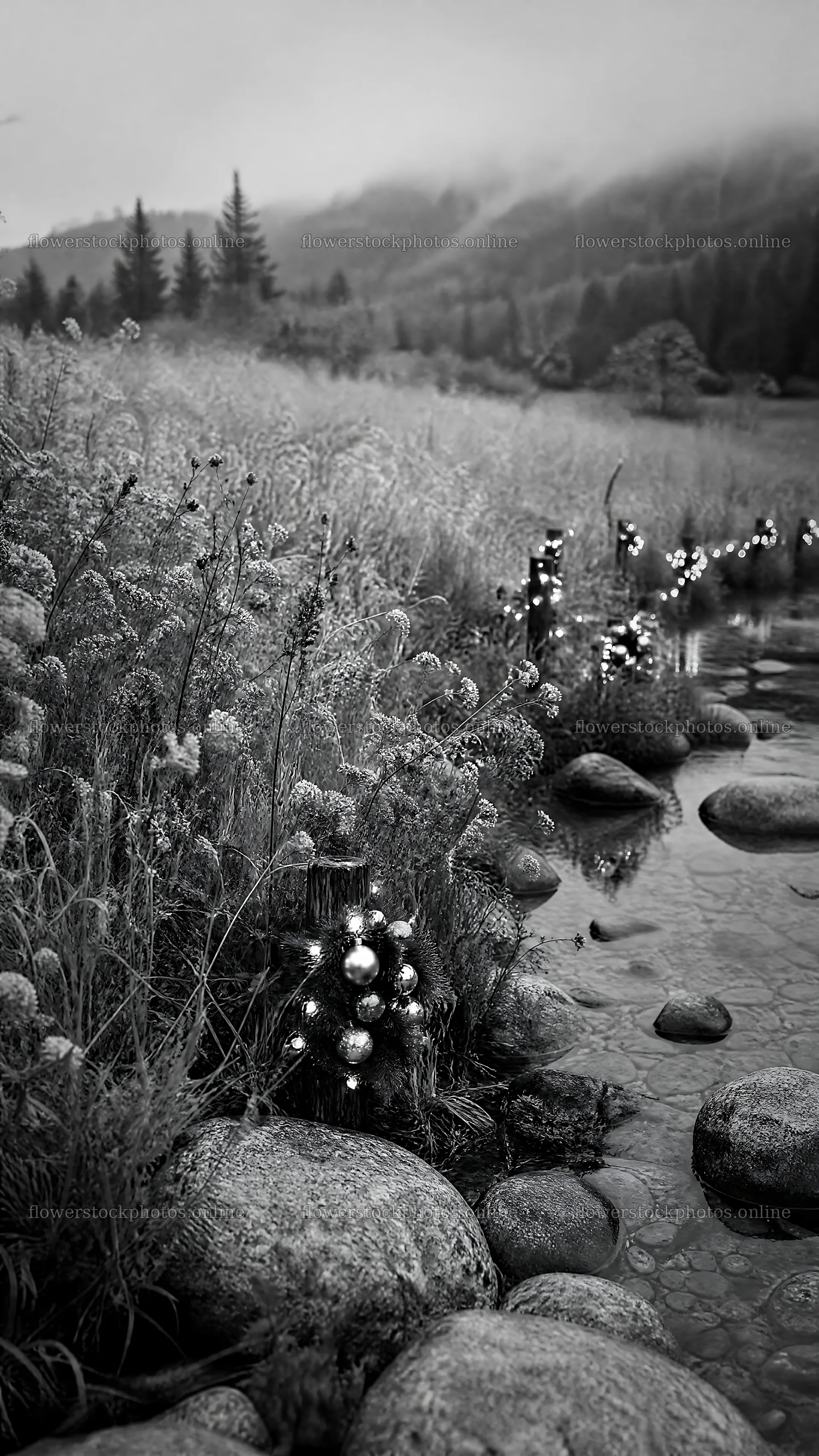 Christmas ornaments by stream in meadow – flower stock photos 5952x10584