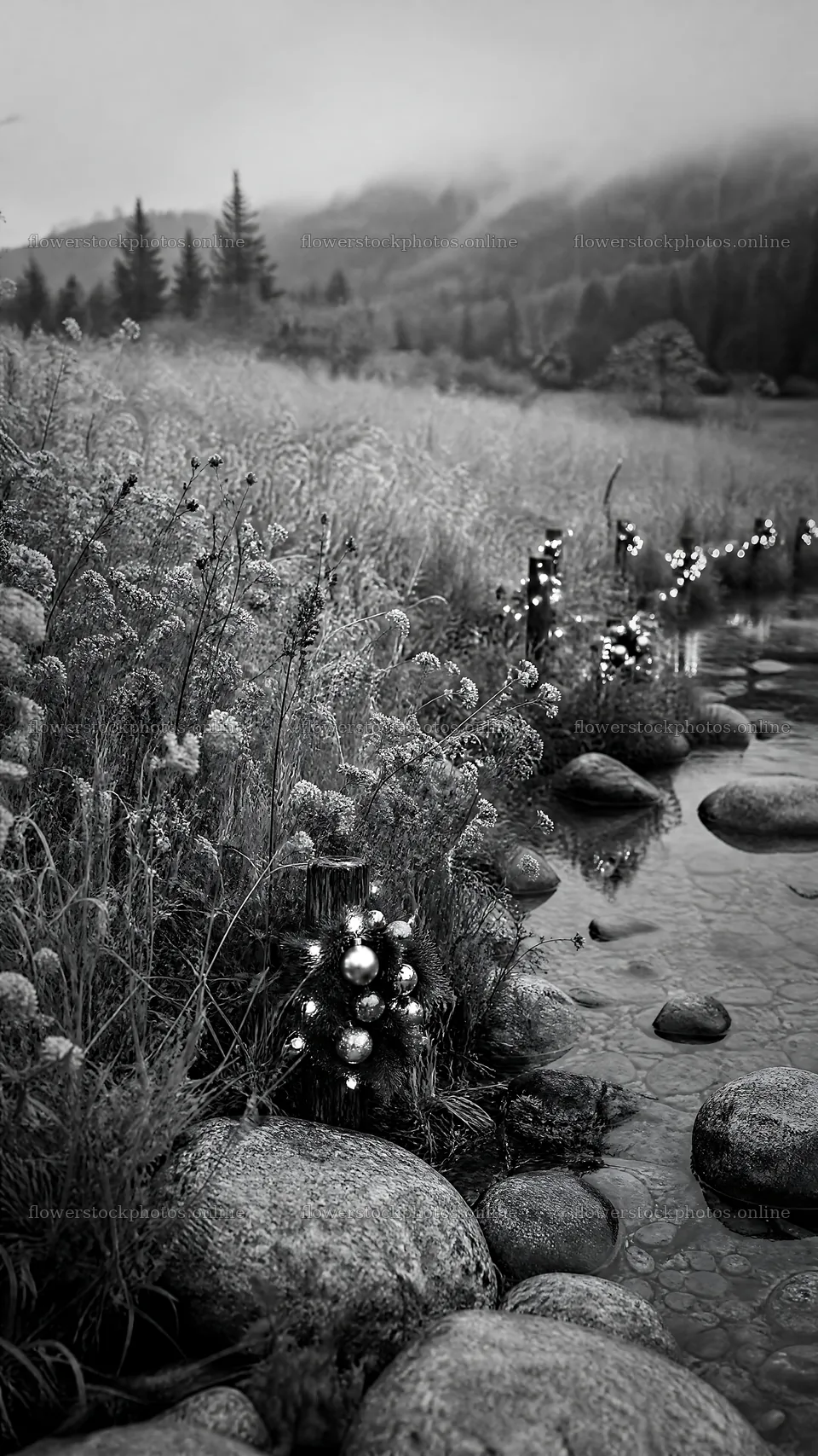 Christmas ornaments by stream in meadow – flower stock photos 5952x10584
