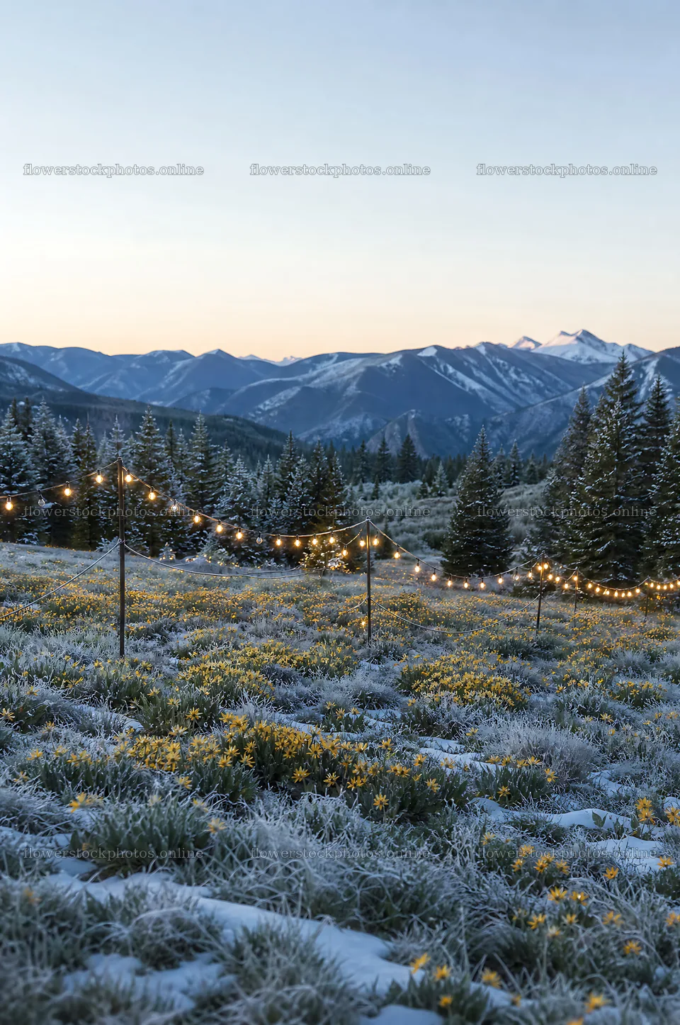 Warm Christmas lights across mountain valley meadow – flower stock photos 6468x9740