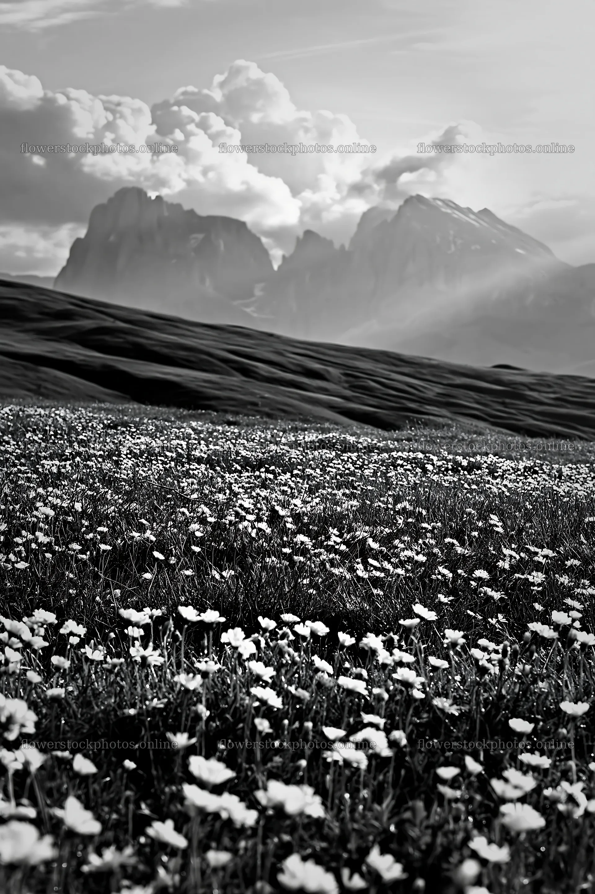 Alpe di Siusi meadow with flowers and mountains in black and white – flower stock photos 6480x9722