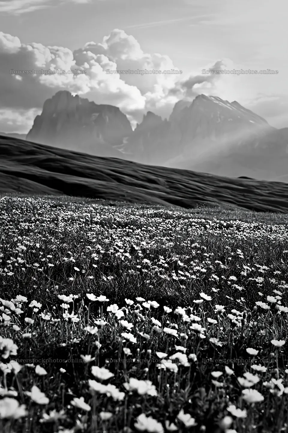 Alpe di Siusi meadow with flowers and mountains in black and white – flower stock photos 6480x9722