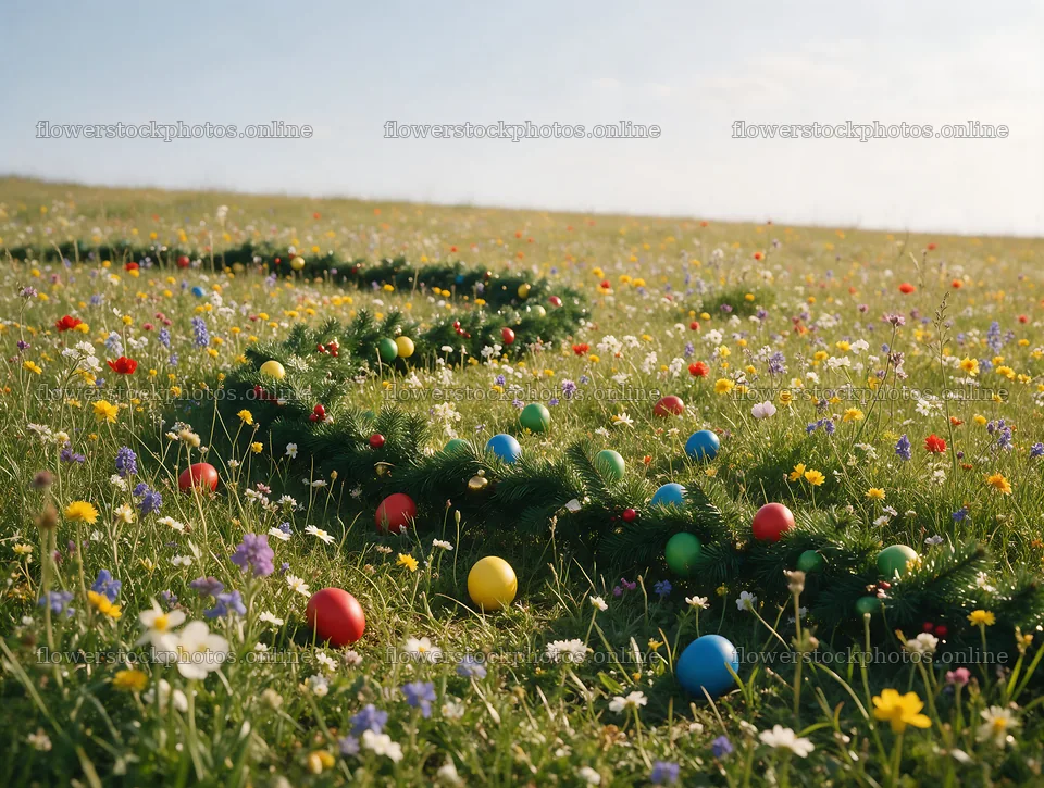 Vibrant Christmas garland in a field of flowers – flower stock photos 9134x6898