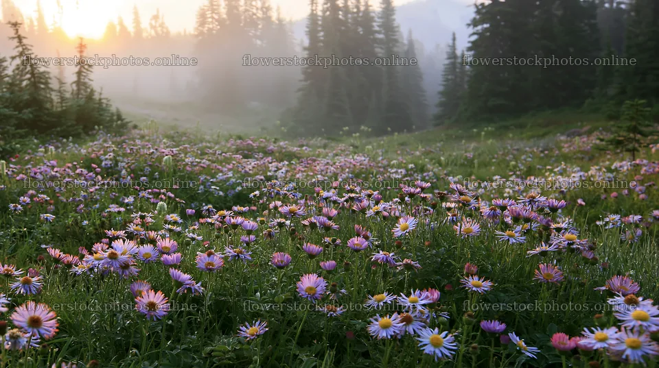 Misty forest meadow with wildflowers at sunrise – flower stock photos 10608x5938