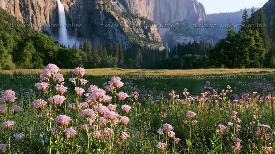 Summer wildflower meadow with waterfall in the background – flower stock photos 10608x5938