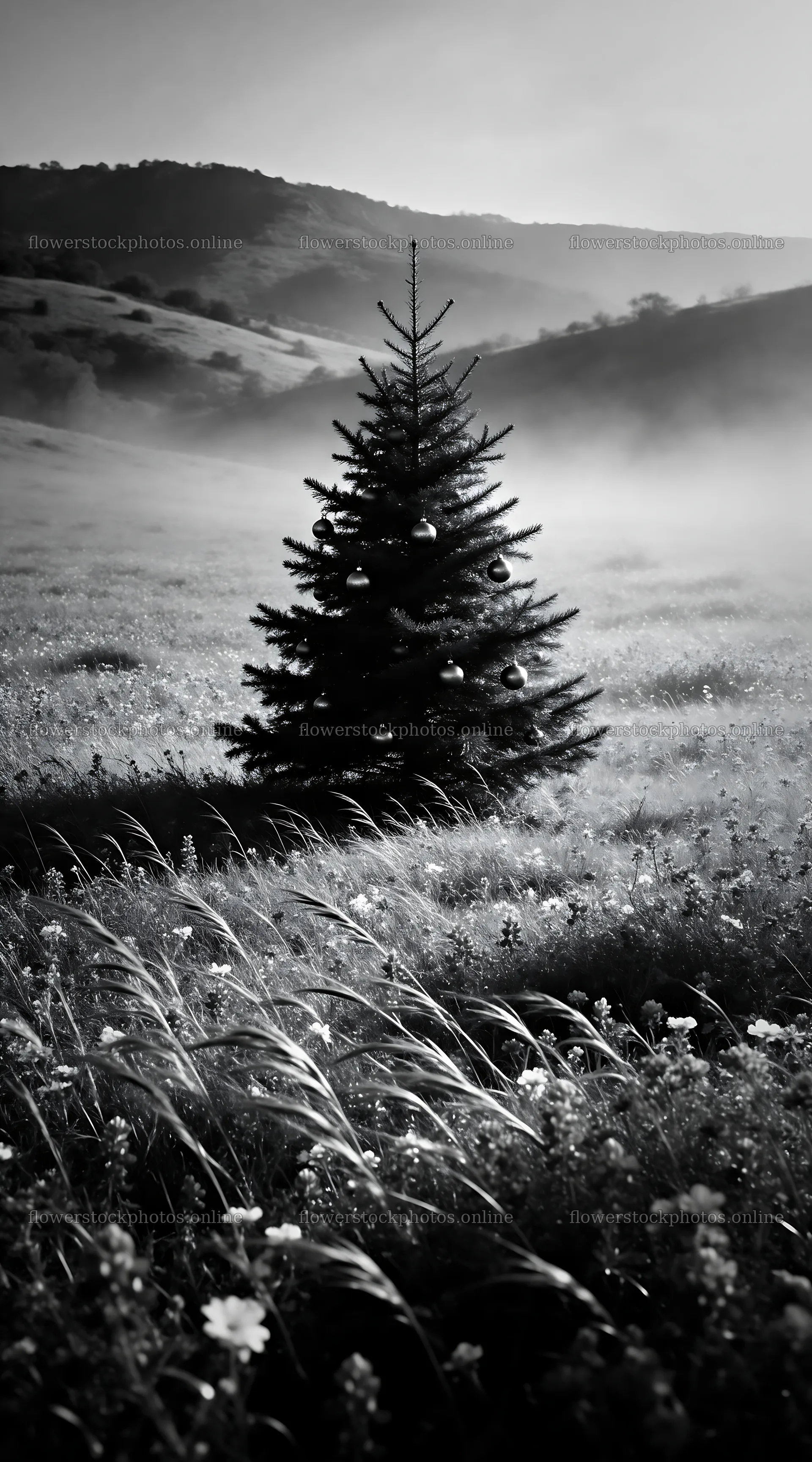 Vibrant Christmas tree in misty meadow during winter – flower stock photos 5916x10648