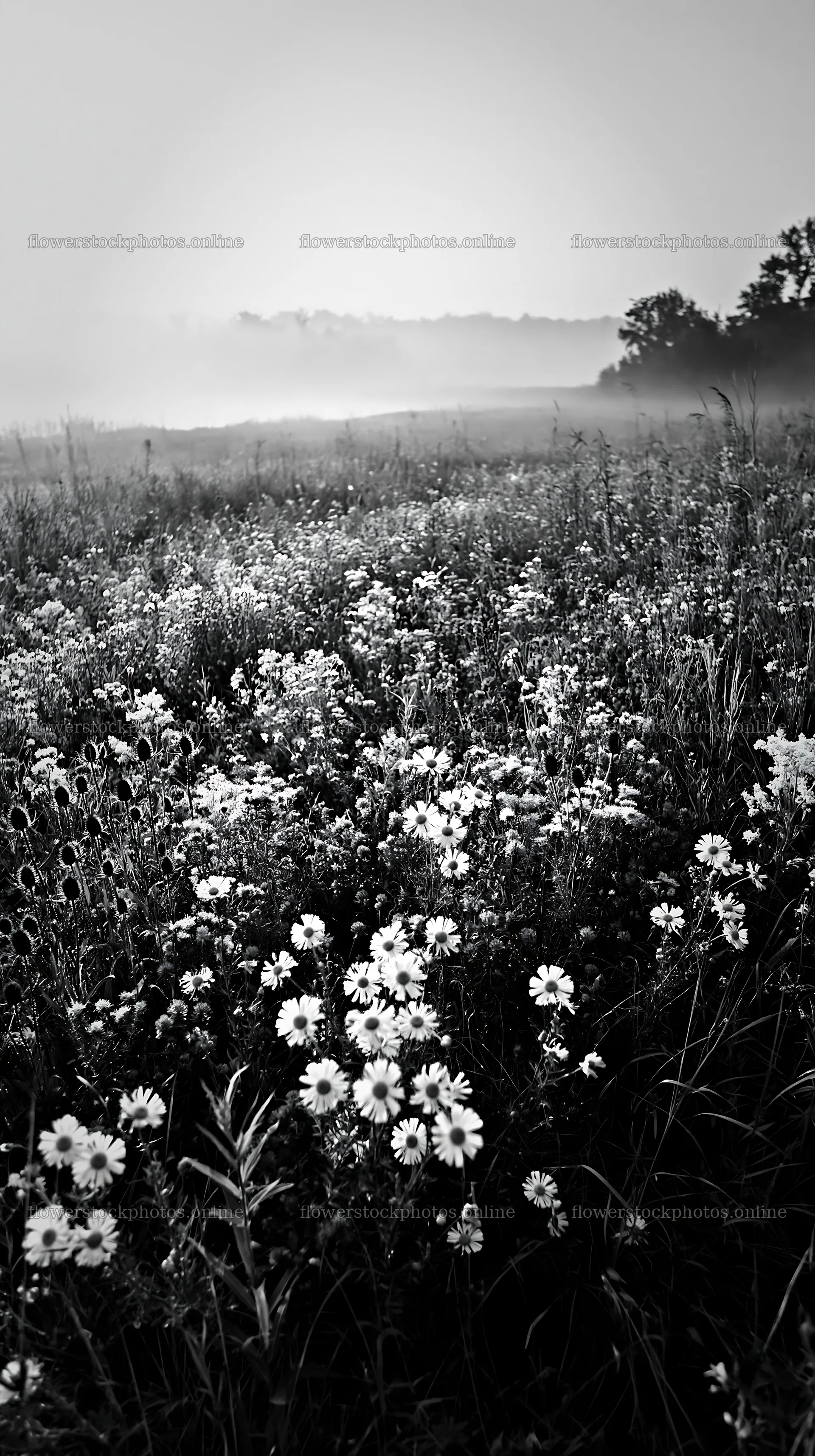 Sunlit lakeside meadow with wildflowers and fog – flower stock photos 5938x10608