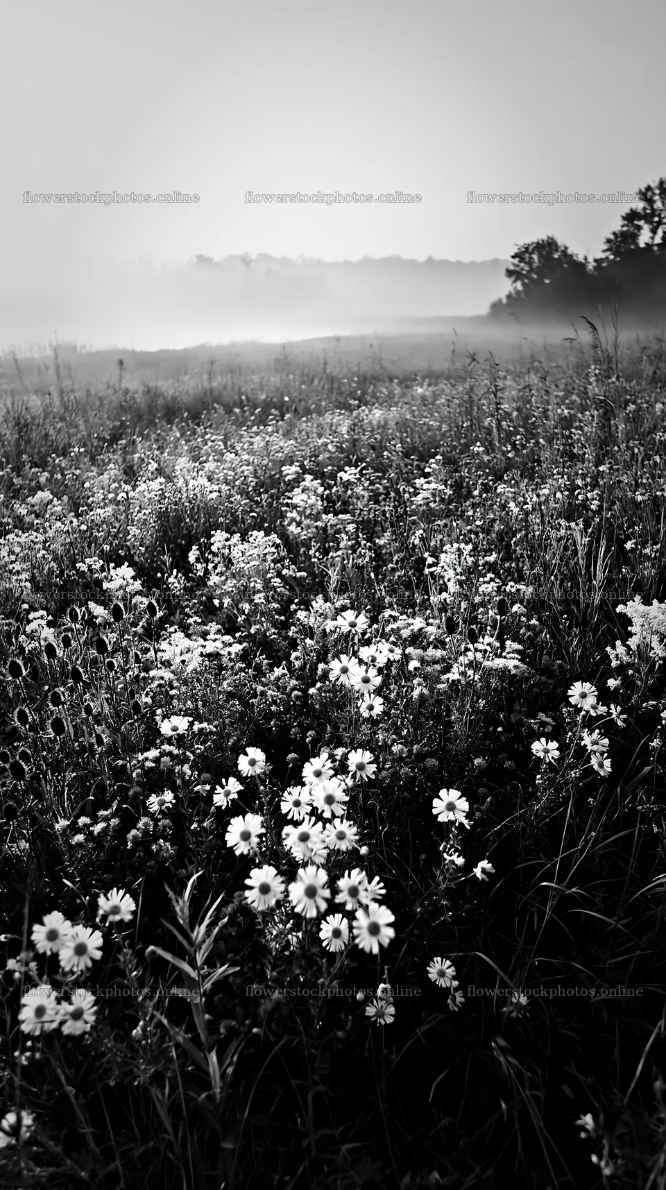 Sunlit lakeside meadow with wildflowers and fog – flower stock photos 5938x10608