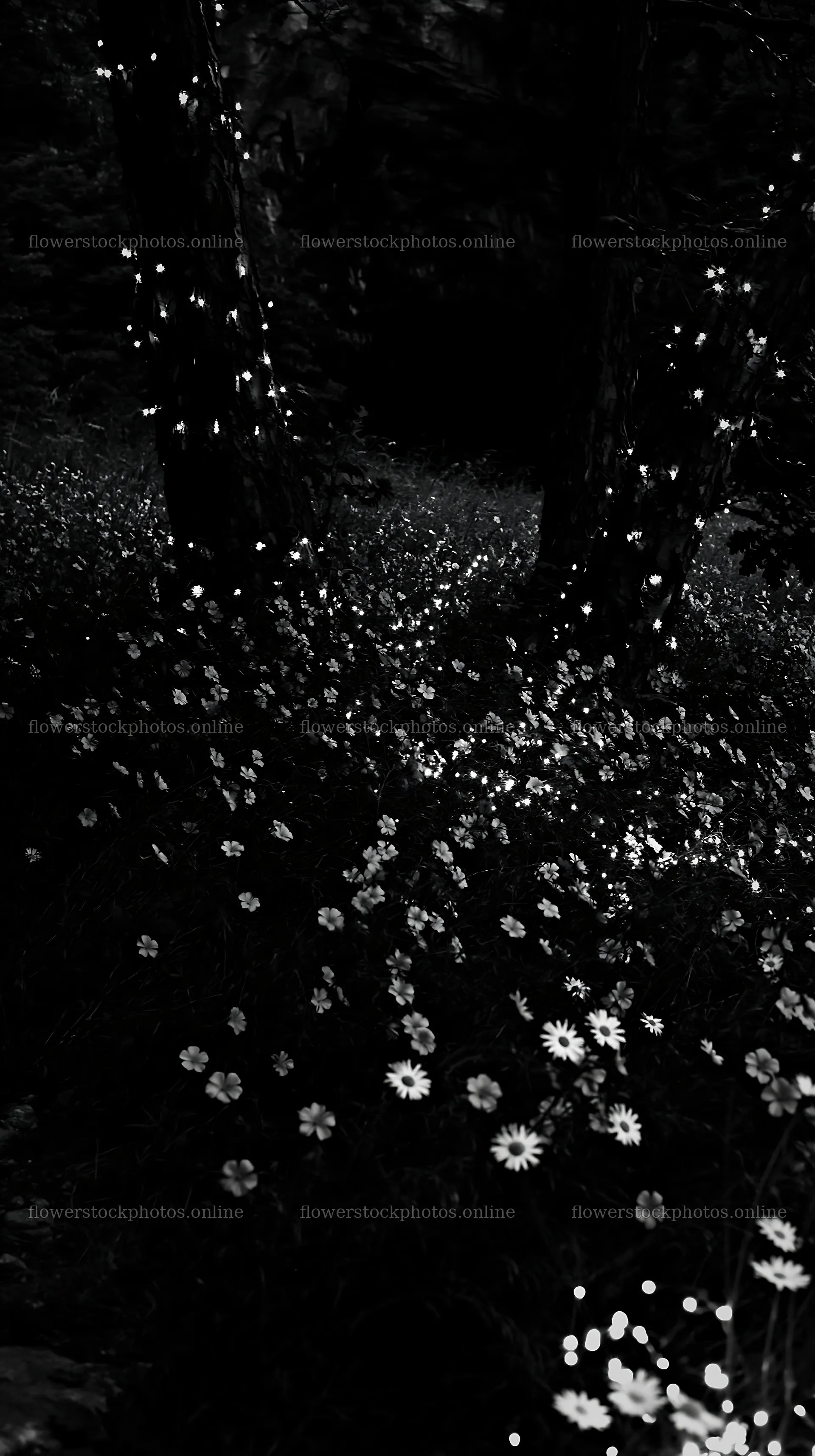Christmas lights in meadow near cave at dusk – flower stock photos 5938x10608