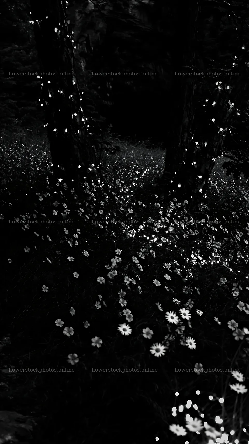 Christmas lights in meadow near cave at dusk – flower stock photos 5938x10608