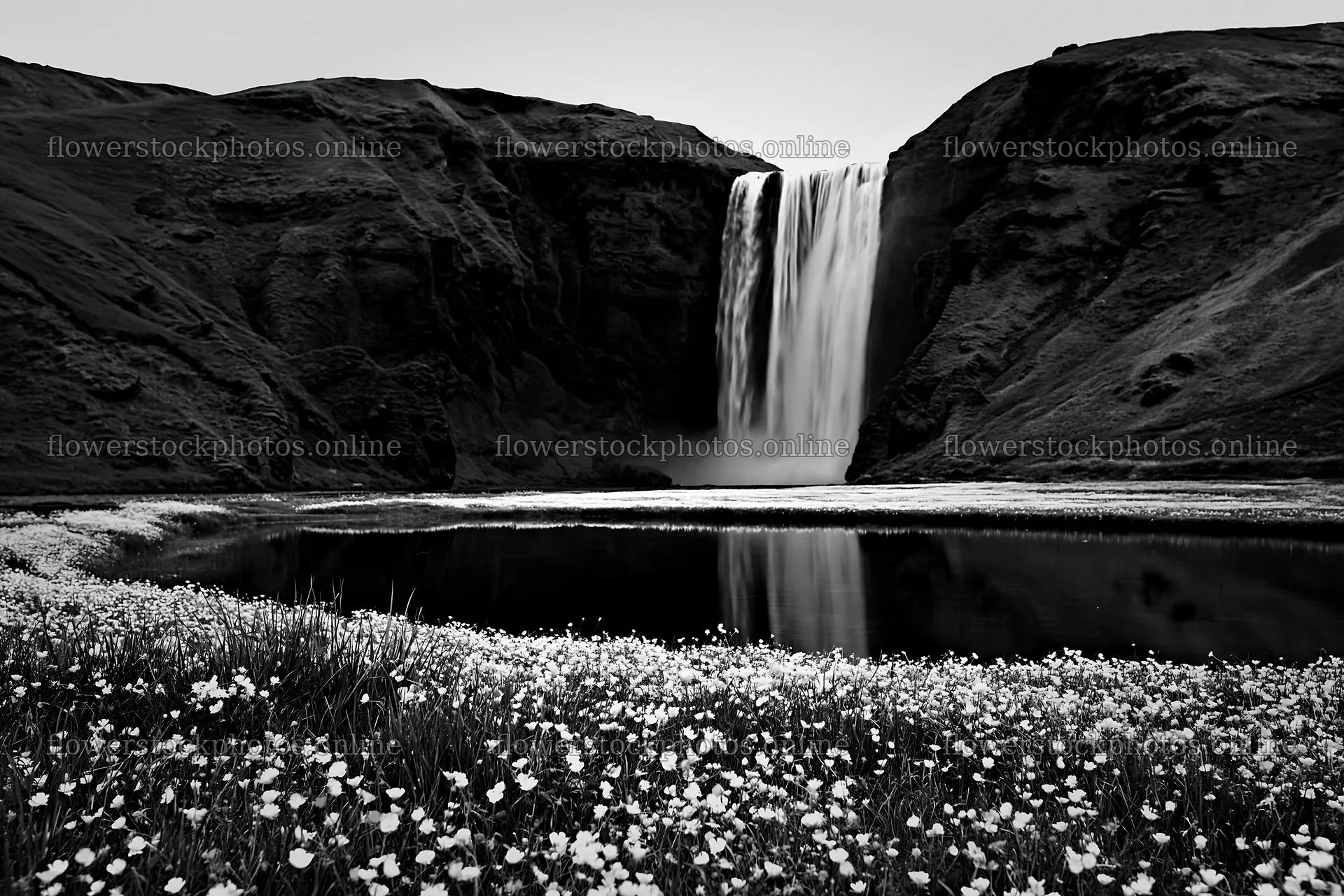 Flower meadow with waterfall reflection in black and white – flower stock photos 9722x6480