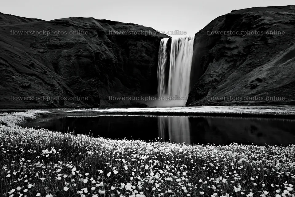 Flower meadow with waterfall reflection in black and white – flower stock photos 9722x6480